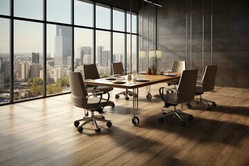 Spacious conference room with wheelchairs around grey table, foggy city view, blinds, wooden bureau. Generative AI