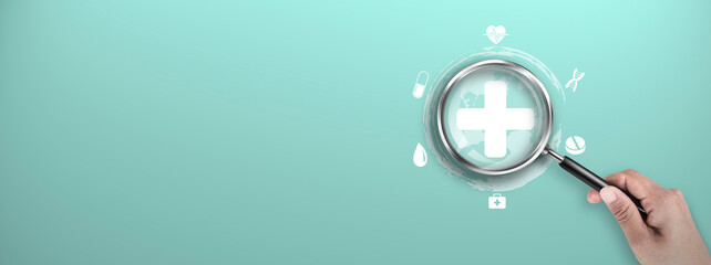 Medical health care icon groundbreaking interactive design innovation concept. DNA. Digital healthcare and seamless network synchronization. Magnifier focus to Digital marketing icon.