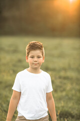 Upset little American boy  looks at camera with confused face stands outside. Disappointed caucasian preschooler puzzled.