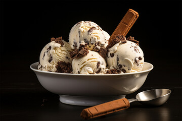 White cup ice cream with melted chocolate topping