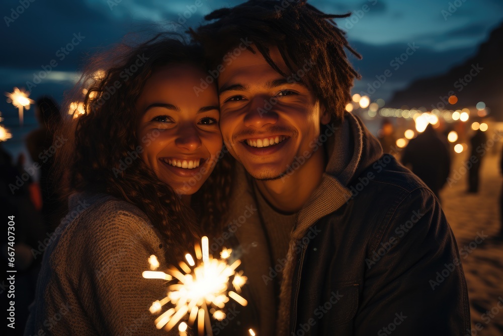 Canvas Prints Happy Young people smiling with sparklers on the beach at night.