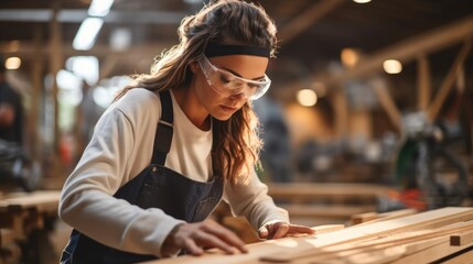 Woman carpenter worker is working to quality control checking of wooden products at workshop manufacturing.