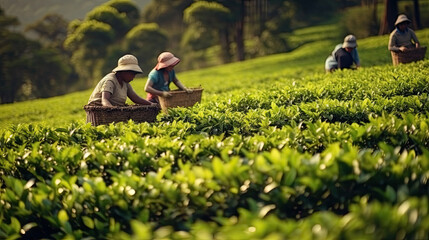 tea picking at the tea plantation at the town of Mae Salong north of the city Chiang Rai in North Thailand - obrazy, fototapety, plakaty