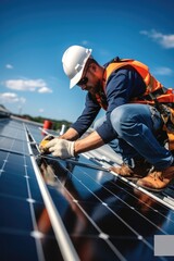 Technicians install solar panels on a residential building.