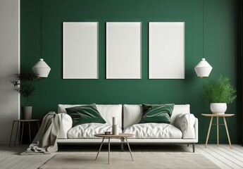 interior scene with green walls,white sofa and three frame mock up, minimalist backgrounds