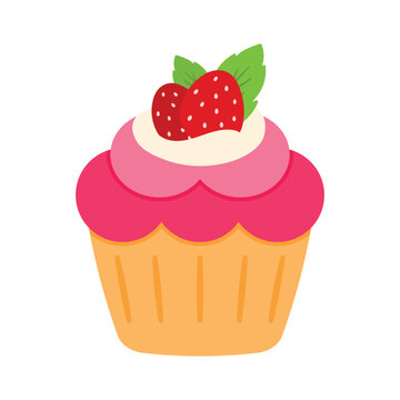 Strawberry Cupcake Icon Cute Cartoon Dessert Bakery Vector Illustration