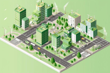 Obraz premium Isometric scheme of green sustainable city unit generative ai