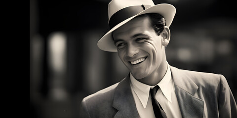 black and white studio portrait of happy man, 1950s fashion
