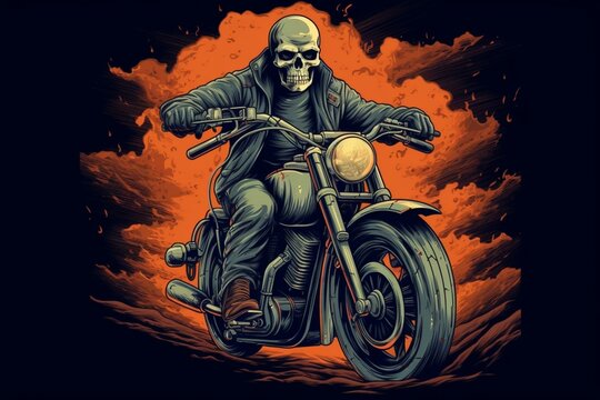 Illustration depicting a biker with a skull riding a motorcycle. Generative AI