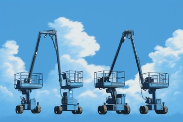 Three blue aerial lifts against the sky. Generative AI