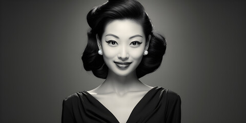 black and white studio portrait of happy Asian woman, 1950s fashion