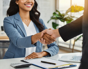 Estate broker agent and customer shaking hands after signing contract documents for realty purchase mortgage loan approval - obrazy, fototapety, plakaty
