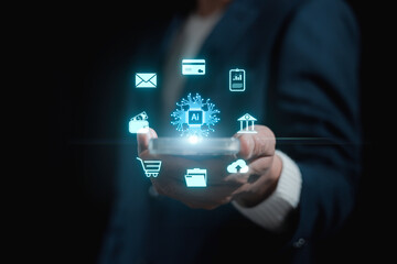 Technology and people concept AI Learning and Artificial Intelligence Concept. Business, modern technology, internet and networking concept. AI technology in everyday life.on smart phone.