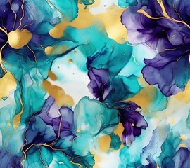 abstract watercolor background alcohol ink blending artwork with teal, and Purple colors, with green leaves, gold and Navy Blue