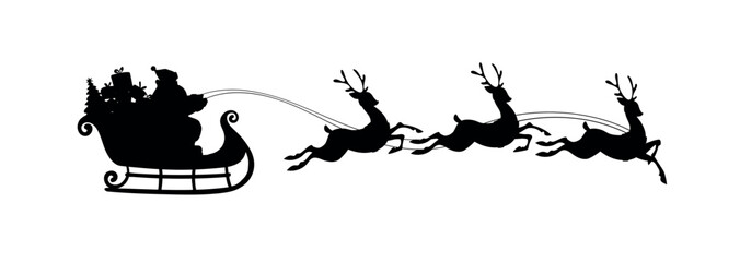 Santa Claus with riding a sleigh with reindeers, black vector silhouette isolated on white background. Christmas flat illustration for design, window sticker.