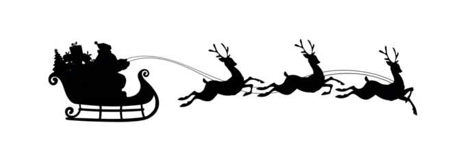 Fotobehang Santa Claus with riding a sleigh with reindeers, black vector silhouette isolated on white background. Christmas flat illustration for design, window sticker. © Tanya