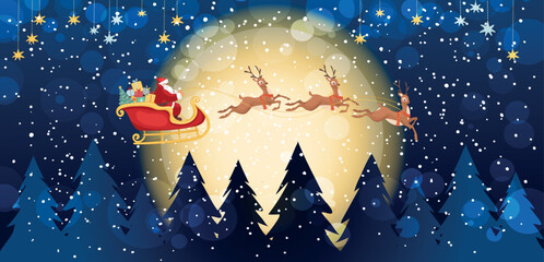 Santa Claus flies in a sleigh with reindeers across the night snowy sky with the moon against the backdrop of a winter forest landscape, Christmas banner, New Year card. vector cartoon illustration. - obrazy, fototapety, plakaty