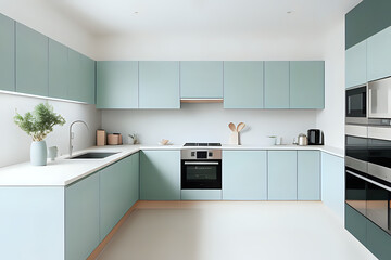 Minimalist kitchen with a touch of pastel color.