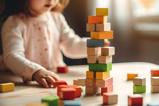 close up of a toddler building a tower with wooden blocks and playing games with montessori toys