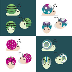 Obraz premium Flat vector cartoon illustration of cute clay snail figures at 3 different angles, in 4 color and pattern sets. Stripes, spiral, polka dots,. Colors: green, black, white, tan, pink, blue.
