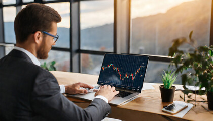 man broker sits attentively with his laptop, diligently analyzing the stock market's candlestick graph, navigates the complexities of financial markets, seeking opportunities for success.