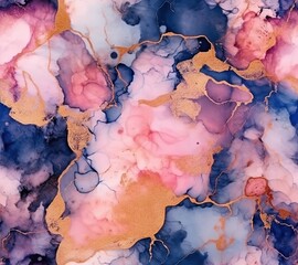 alcohol ink blending artwork with rose pink, gold and Navy Blue watercolor background with clouds