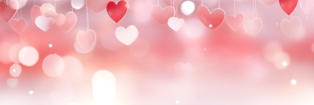 pink white and red background banner with heart shape bokeh lights on valentines with copy space. Abstract background holiday