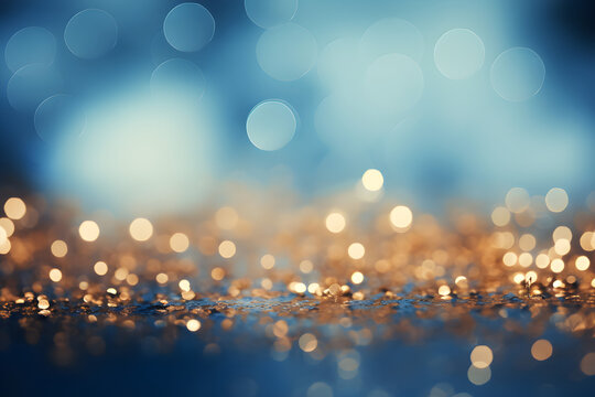 Blue and gold abstract background with copy space, bokeh lights and glitter on New Year's Eve © sam