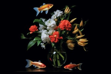 A flower bouquet in a dark room with a black background and a goldfish on a table top in the center. Generative AI