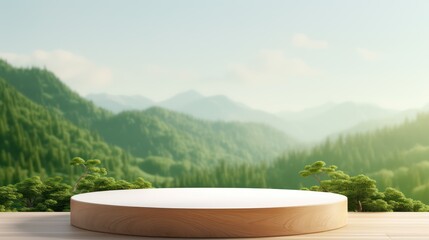 3D empty round wood showcase, podium, stand for advertising and product display and presentation with forest and mountain background.	