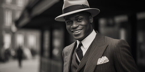 black and white studio portrait of happy black man, 1930s fashion