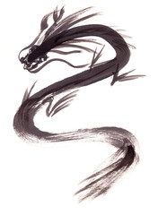 monochrome dragon on white background, chinese brush painting