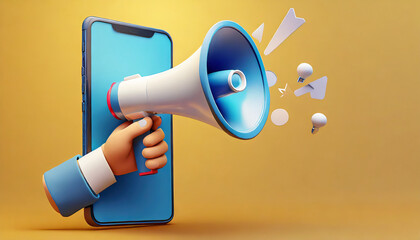 Post information alert from hand with megaphone or loudspeaker on a phone with pin like. Flat cartoon announce notification banner sign on a yellow background. 3d render - obrazy, fototapety, plakaty