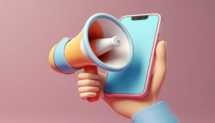 Post information alert from hand with мan megaphone or loudspeaker on a phone. Flat cartoon announce notification banner sign on a pink background. 3d render