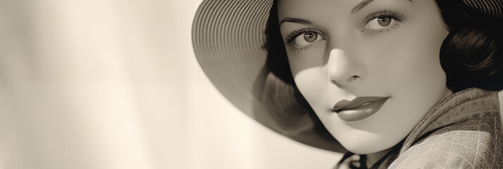 black and white studio portrait of happy woman, 1930s fashion - obrazy, fototapety, plakaty