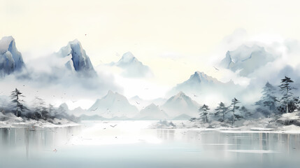 Fototapeta na wymiar Chinese ink landscape background wallpaper poster PPT