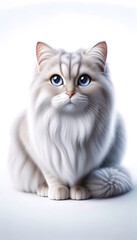 Ultra photo-realistic depiction of a feline with soft, glossy fur and mesmerizing eyes, sitting gracefully against a pristine white background