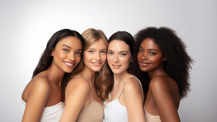 Diverse women with radiant complexions on a studio background, embodying wellness, empowerment, and makeup. Generative AI.