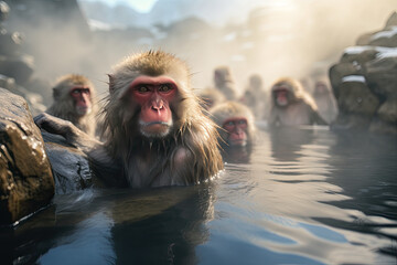 A group of Japanese macaques taking a bath in a hot spring