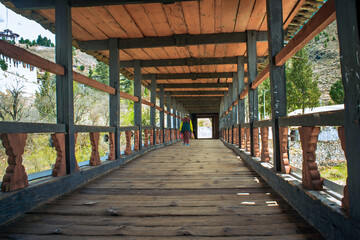 Bridge over the river. Rimpung Dzong at Paro , Butan.