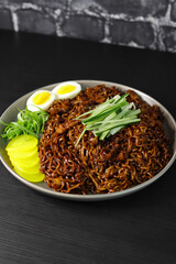 Jajangmyeon Instant Noodle With Black Bean Sauce, Cucumber Slices, Pickled Radish, Boiled Egg, Green Onions