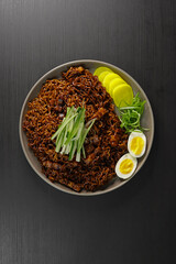Jajangmyeon Instant Noodle With Black Bean Sauce, Cucumber Slices, Pickled Radish, Boiled Egg, Green Onions