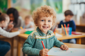 happy little boy learns to draw with a colour pencil in an art class