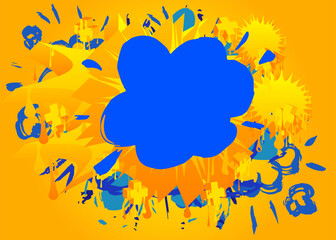Blue Graffiti speech bubble on yellow background. Abstract modern Messaging sign street art decoration, Discussion icon performed in urban painting style.