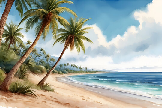 watercolor illustration of palm trees on the beach
