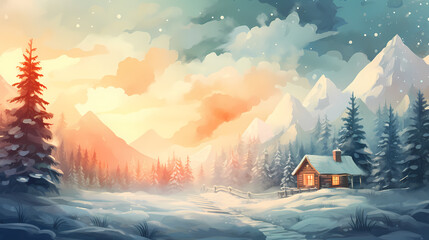 Snowy forest path leads to a secret cabin in the woods background wallpaper poster PPT