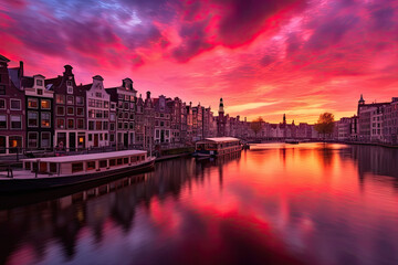 Fototapeta na wymiar Amsterdam sunset city skyline at canal waterfront