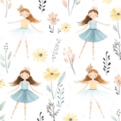 Seamless Elegance, A Delightful Pattern of Cute Little Girls Ballerinas in Pink Dresses with Flowers on a White Background - Perfect for Children, Art Project, Background
 - obrazy, fototapety, plakaty
