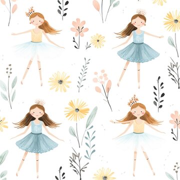 Seamless Elegance, A Delightful Pattern of Cute Little Girls Ballerinas in Pink Dresses with Flowers on a White Background - Perfect for Children, Art Project, Background
