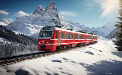 Fotobehang an red train traveling down a snowy mountainside © Kien
